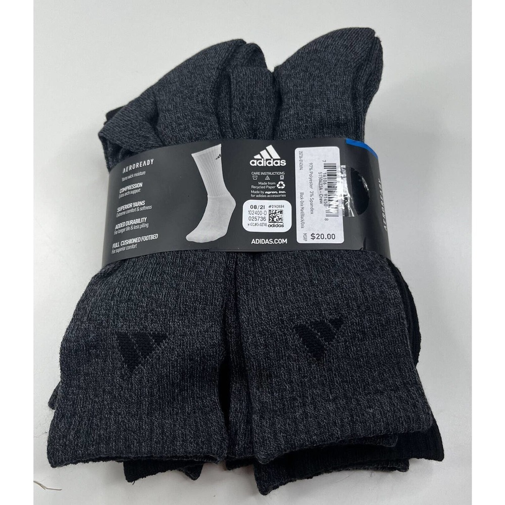 NWT Adidas Pack of 6 Crew Socks Size 6-12 Men’s Black Gray